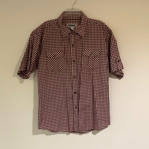 Ablanche Mens XL short sleeve button down shirt, burgundy and white plaid